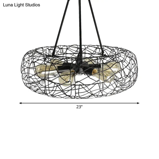 Industrial Black Metal Ceiling Chandelier With 6-Light Drum Fixture And Mesh Screen