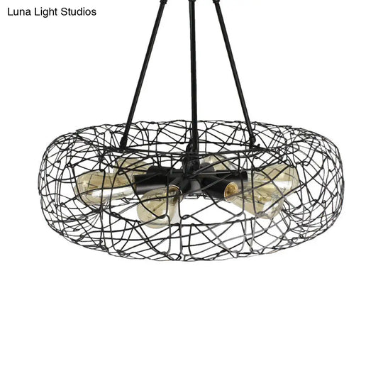 Mesh Screen Drum Ceiling Light Fixture: Industrial Black Metal Chandelier Lamp (6 Lights)