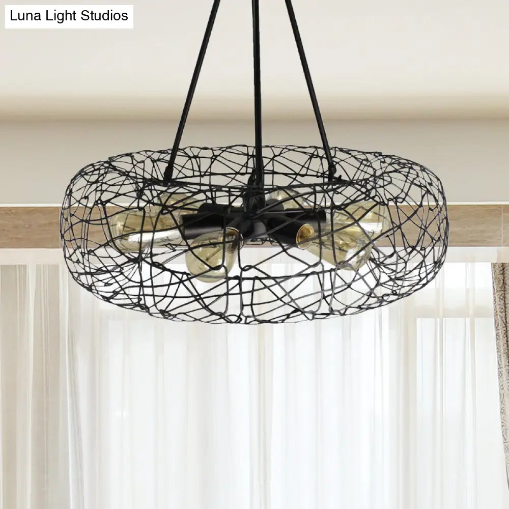 Industrial Black Metal Ceiling Chandelier With 6-Light Drum Fixture And Mesh Screen