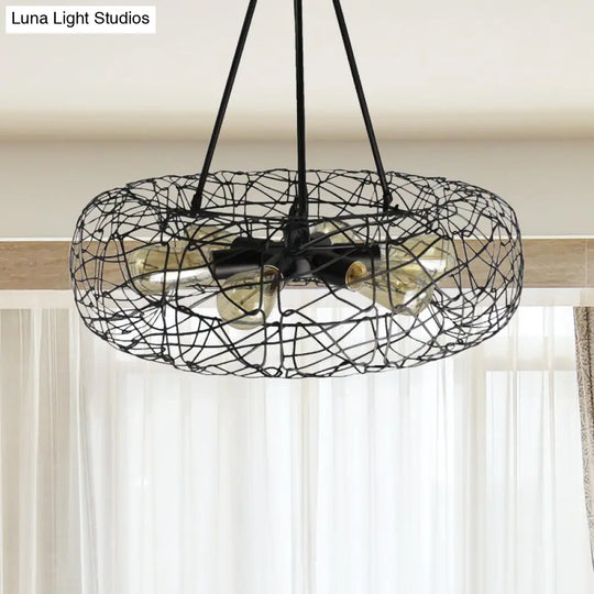 Industrial Black Metal Ceiling Chandelier With 6-Light Drum Fixture And Mesh Screen