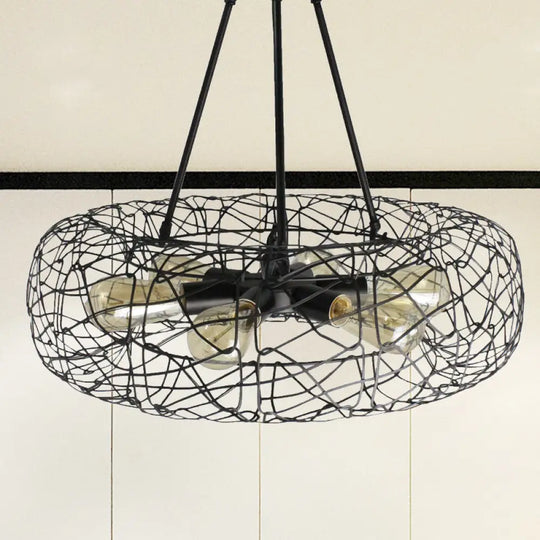 Industrial Black Metal Ceiling Chandelier With 6-Light Drum Fixture And Mesh Screen