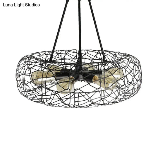 Industrial Black Metal Ceiling Chandelier With 6-Light Drum Fixture And Mesh Screen