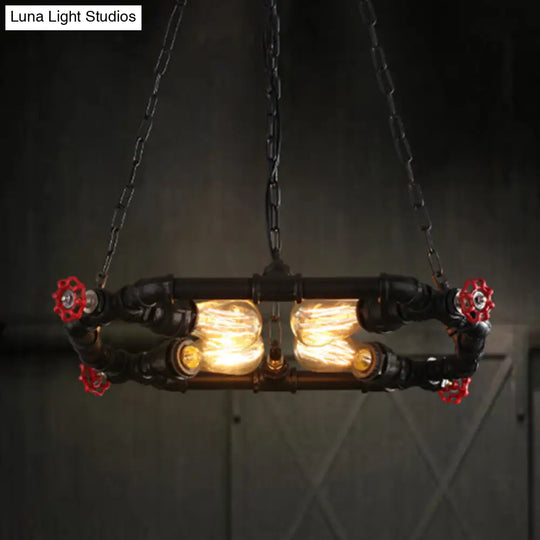 Industrial Clear Glass And Metal Hanging Chandelier With Valve - 4-Light Ceiling Light In Black