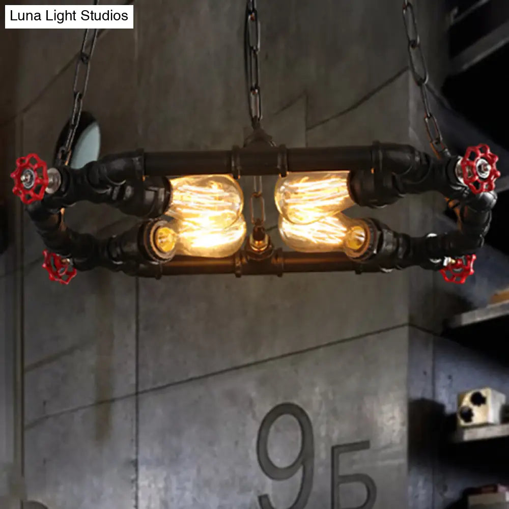 Industrial Clear Glass And Metal Hanging Chandelier With Valve - 4-Light Ceiling Light In Black