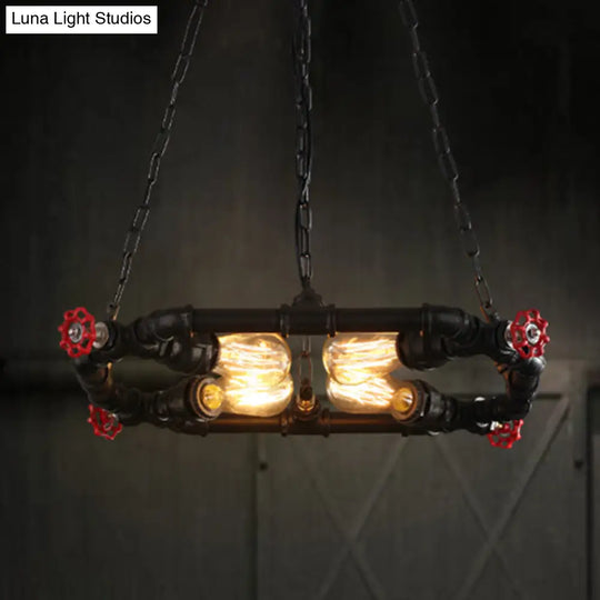 Industrial Black Metal Ceiling Chandelier With Clear Glass And Valve – 4-Light Hanging Fixture