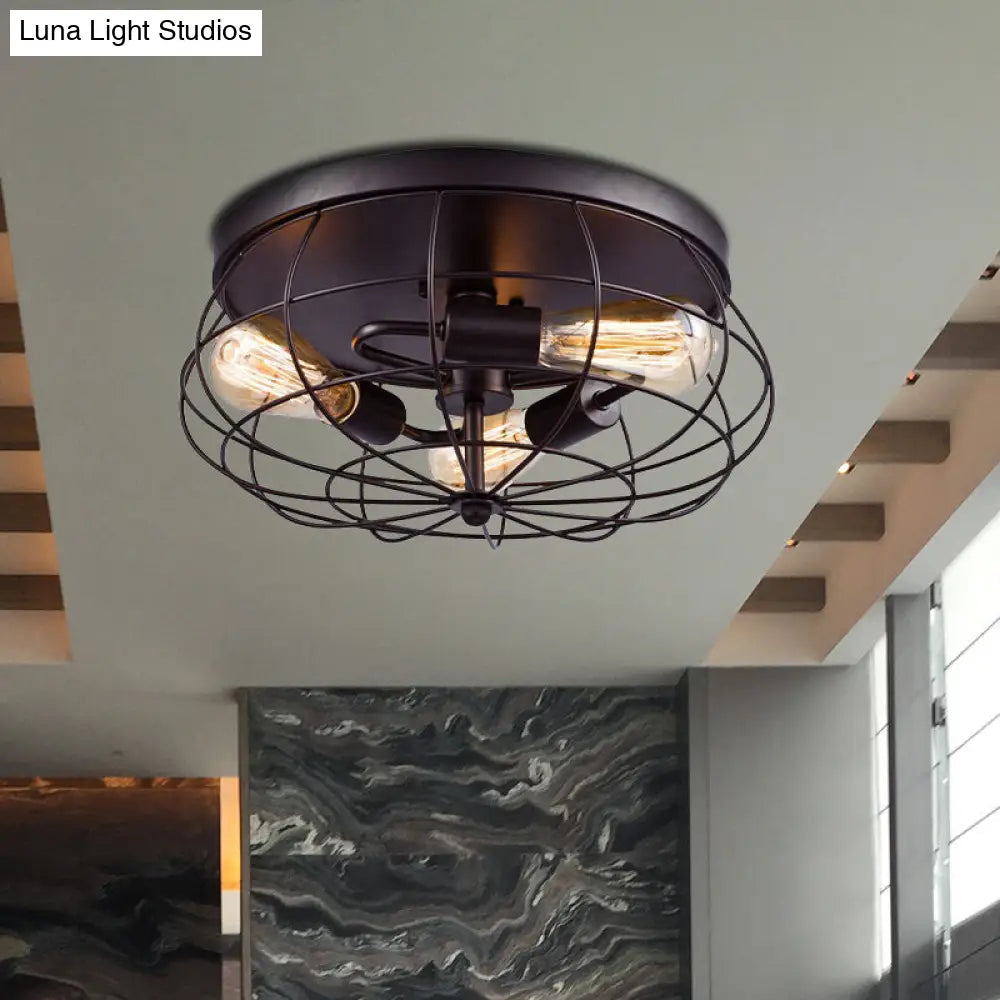 Industrial Black Metal Ceiling Light Fixture - 3-Light Caged Flush Mount For Corridor