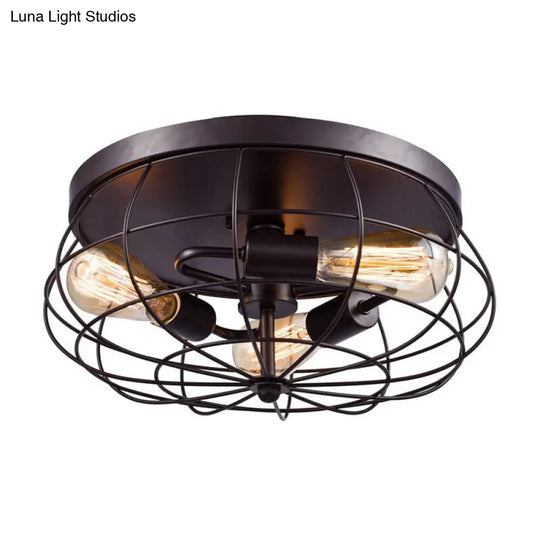 Industrial Black Metal Ceiling Light Fixture - 3-Light Caged Flush Mount For Corridor