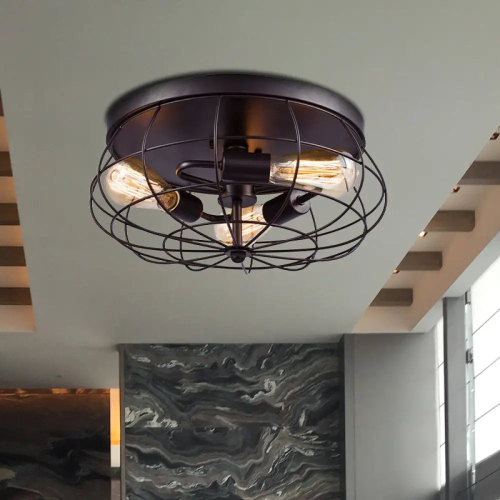 Industrial Black Metal Ceiling Light Fixture - 3 - Light Caged Flush Mount For Corridor