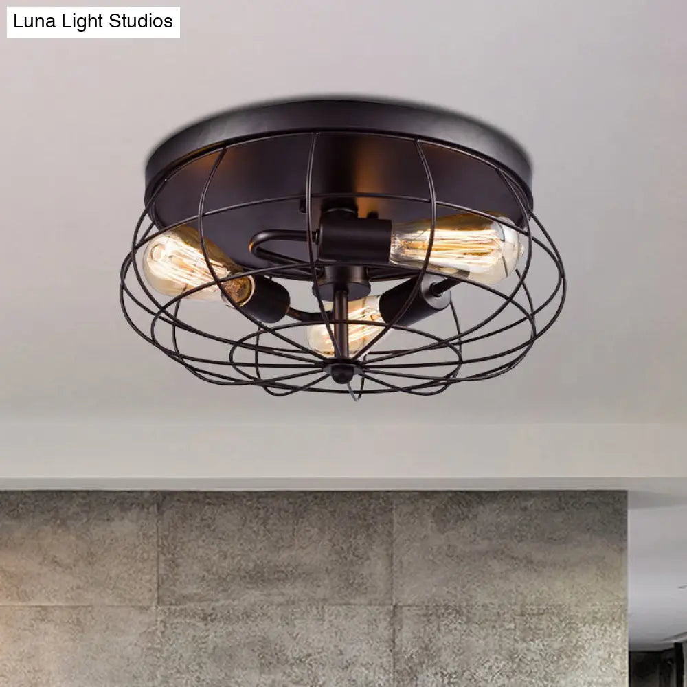 Industrial Black Metal Ceiling Light Fixture - 3 - Light Caged Flush Mount For Corridor