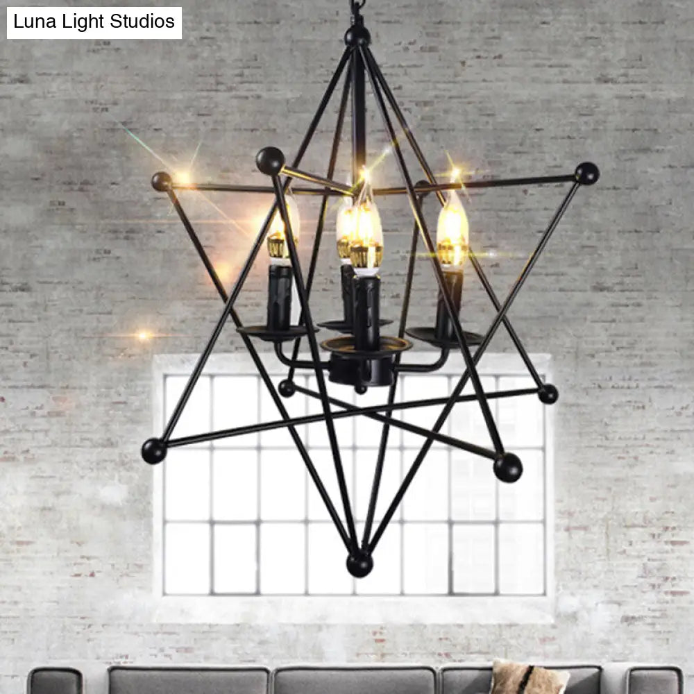 Industrial Black Metal Hanging Chandelier - 4-Light Candle Pendant Light Fixture With Cage For