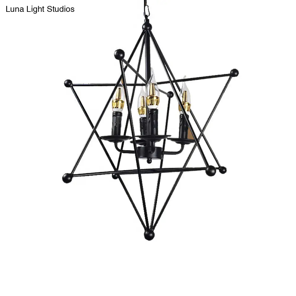 Industrial Black Metal Hanging Chandelier - 4-Light Candle Pendant Light Fixture With Cage For