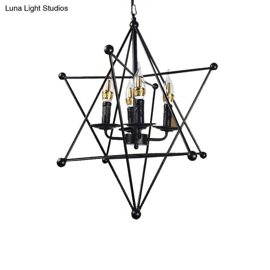 Industrial Black Metal Hanging Chandelier - 4-Light Candle Pendant Light Fixture With Cage For