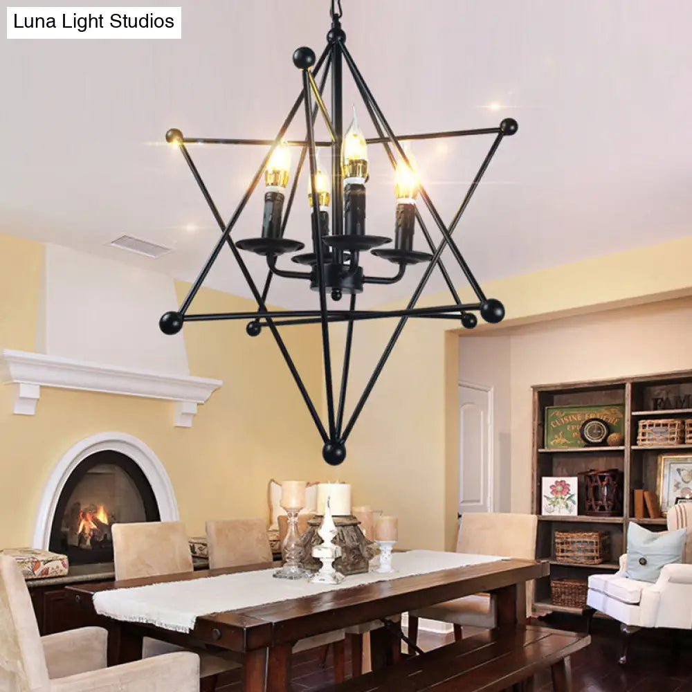 Industrial Black Metal Hanging Chandelier - 4-Light Candle Pendant Light Fixture With Cage For