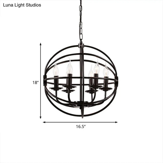 Industrial Black Chandelier With Globe Design - 6-Light Metal Pendant Fixture For Dining Room