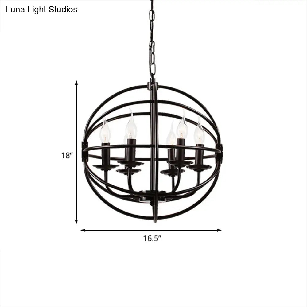 Industrial Black Metal Chandelier - 6-Light Candle Pendant With Globe Design For Dining Room