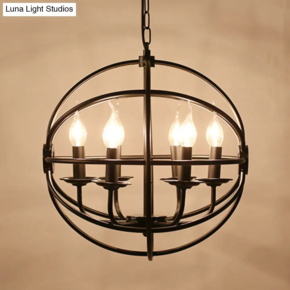 Industrial Black Chandelier With Globe Design - 6-Light Metal Pendant Fixture For Dining Room