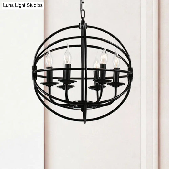 Industrial Black Metal Chandelier - 6-Light Candle Pendant With Globe Design For Dining Room