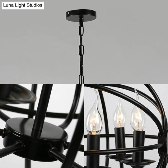 Industrial Black Chandelier With Globe Design - 6-Light Metal Pendant Fixture For Dining Room