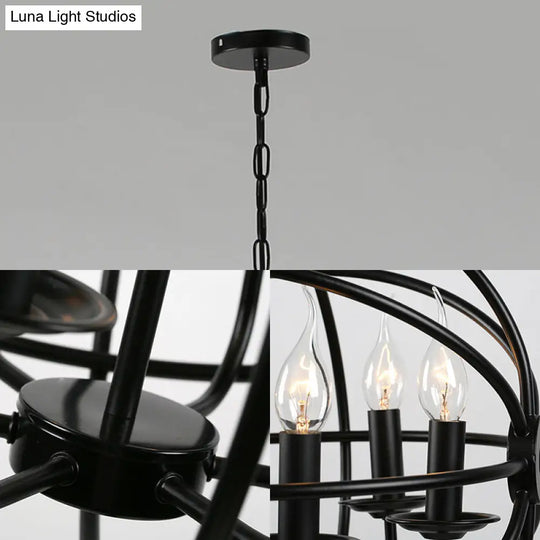 Industrial Black Metal Chandelier - 6-Light Candle Pendant With Globe Design For Dining Room