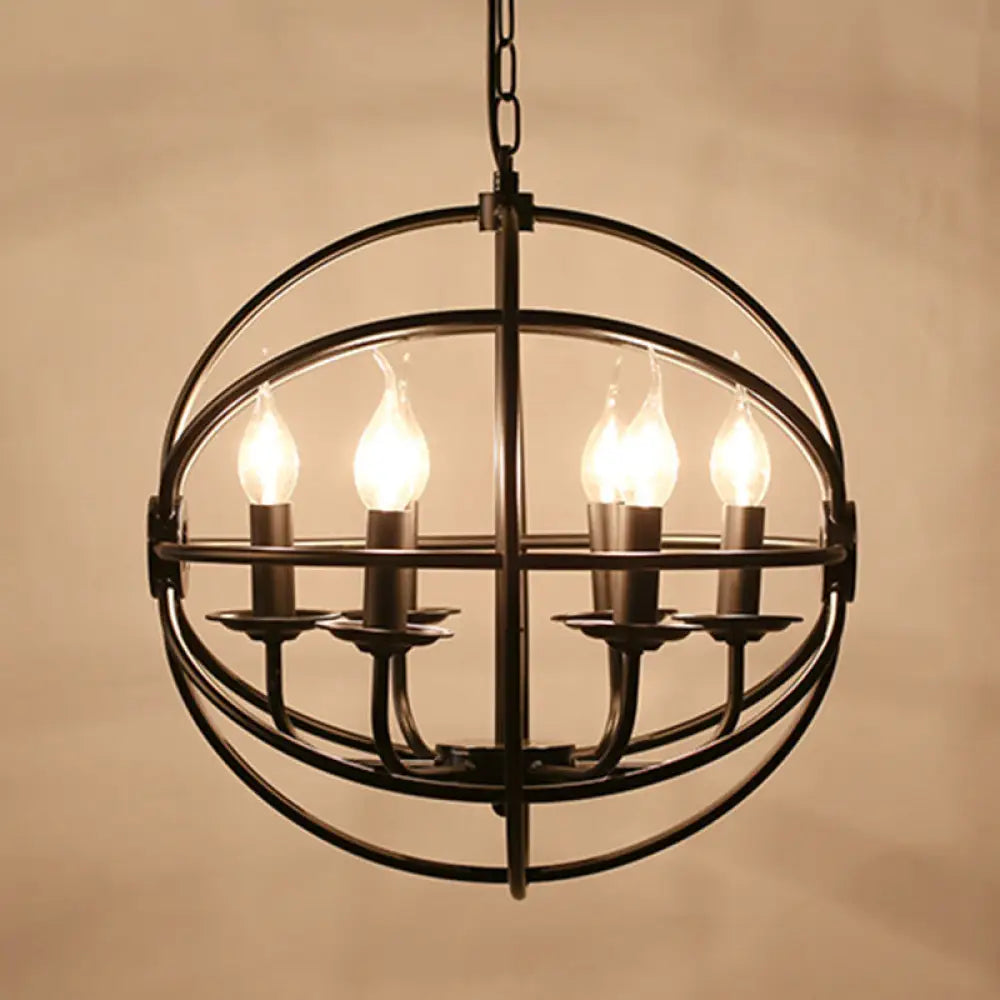 Industrial Black Metal Chandelier - 6-Light Candle Pendant With Globe Design For Dining Room