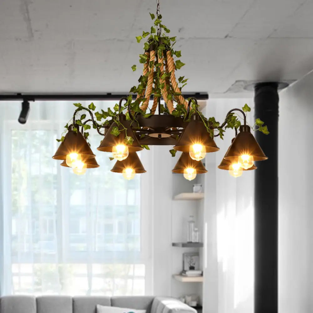 Industrial Black Metal Chandelier With Led Tapered Plant Suspension - 6/8 Heads Perfect For