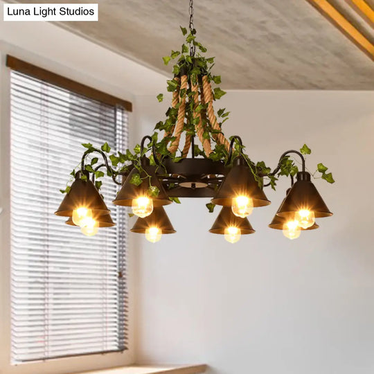 Industrial Black Metal Chandelier With Led Tapered Plant Suspension - 6/8 Heads Perfect For