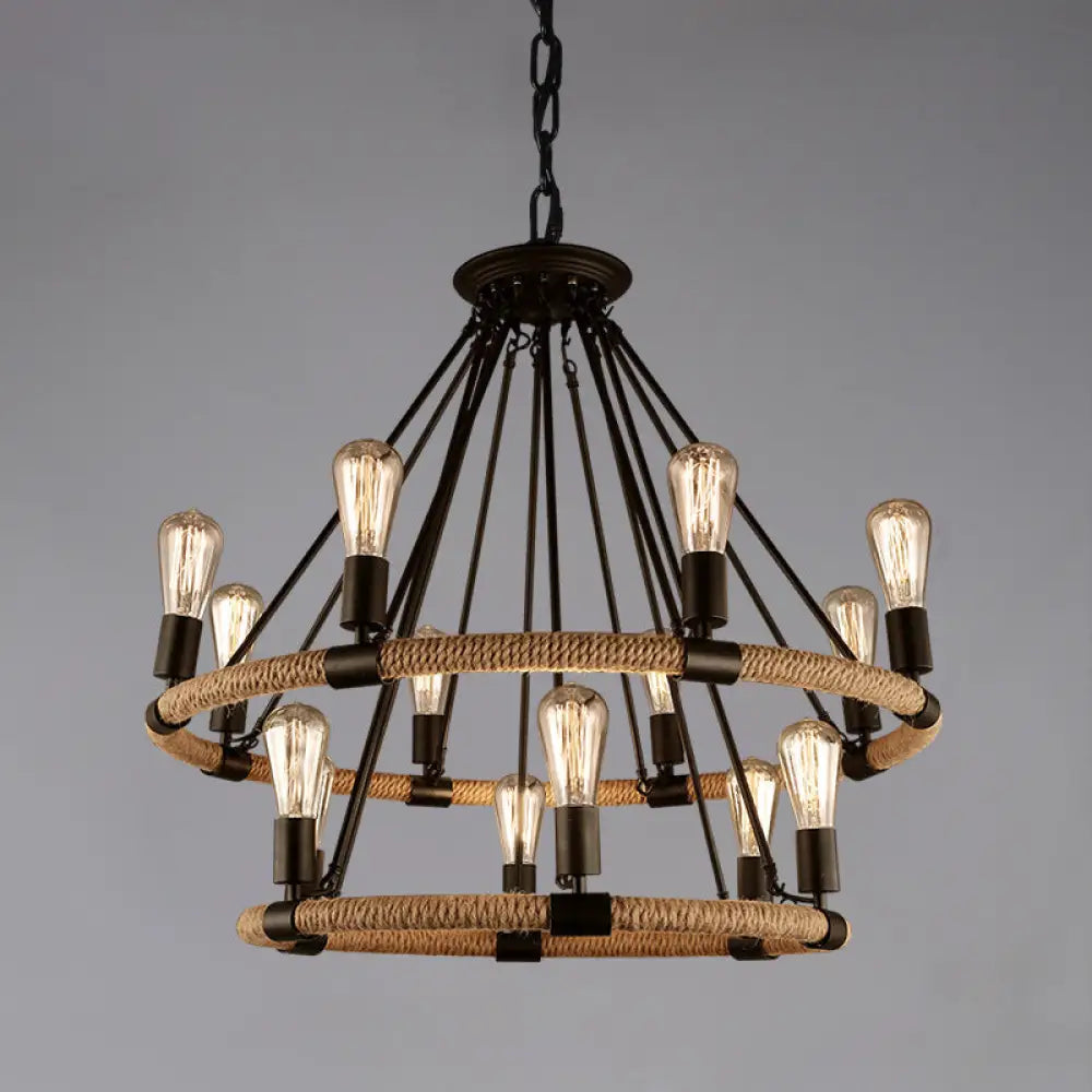 Industrial Black Metal Chandelier With Rope Suspension For Dining Room Table 14 /