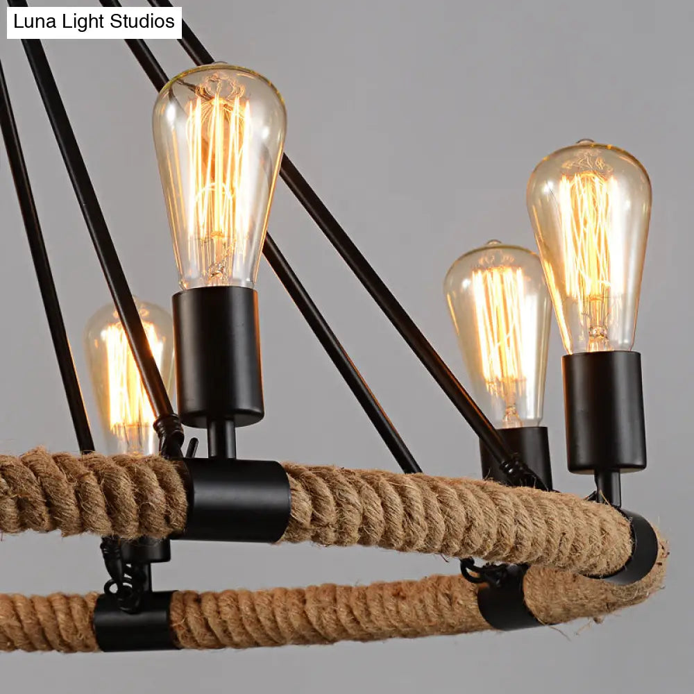 Retro Industrial Black Metal Iron Chandelier With Rope Suspensions - Perfect For Dining Room Table