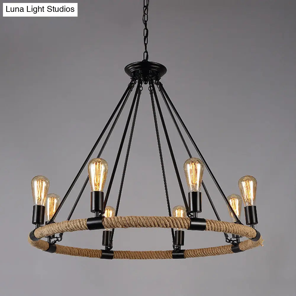 Retro Industrial Black Metal Iron Chandelier With Rope Suspensions - Perfect For Dining Room Table 8