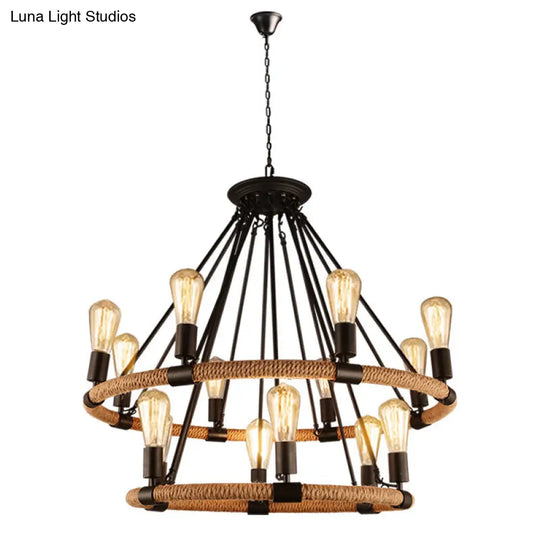 Retro Industrial Black Metal Iron Chandelier With Rope Suspensions - Perfect For Dining Room Table