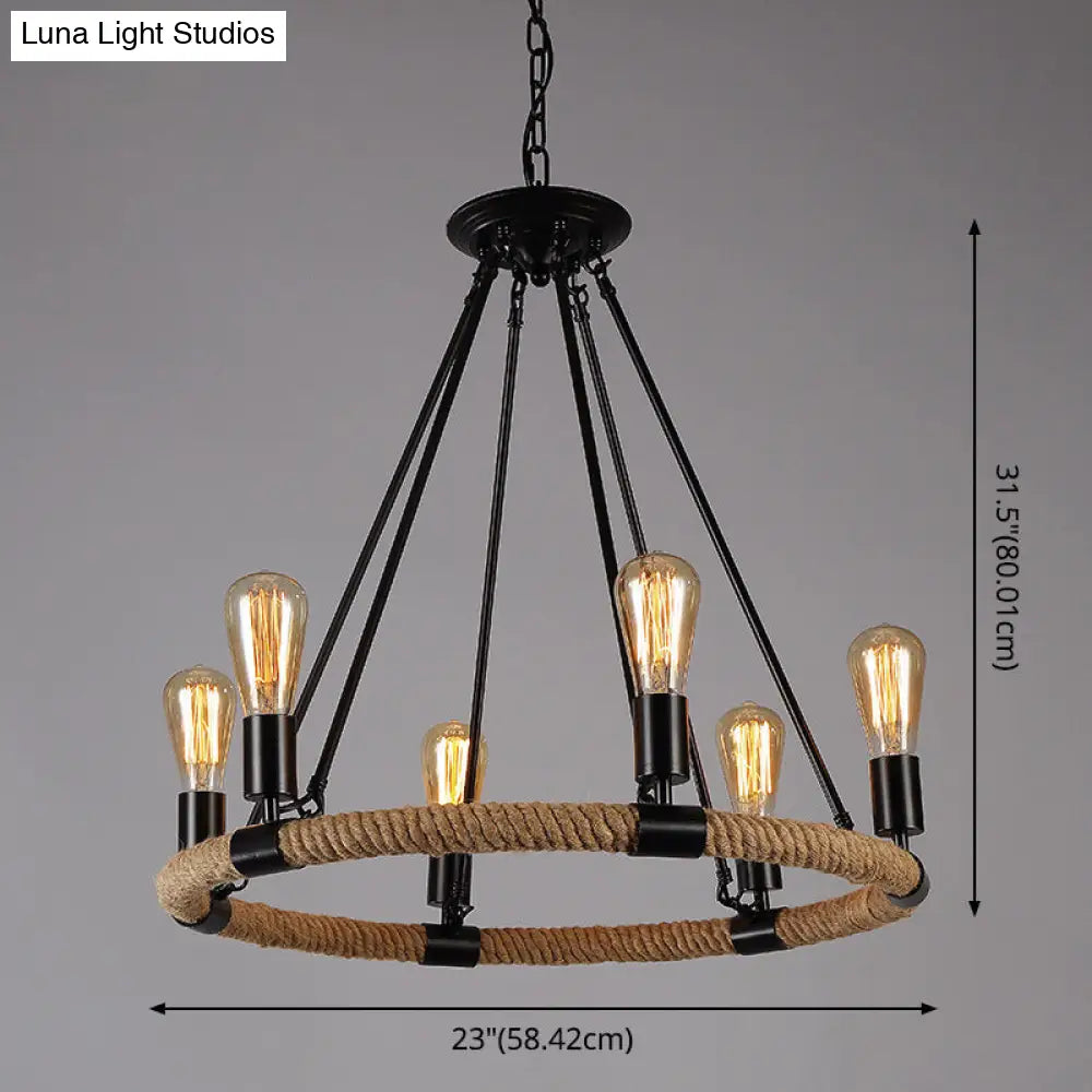 Retro Industrial Black Metal Iron Chandelier With Rope Suspensions - Perfect For Dining Room Table