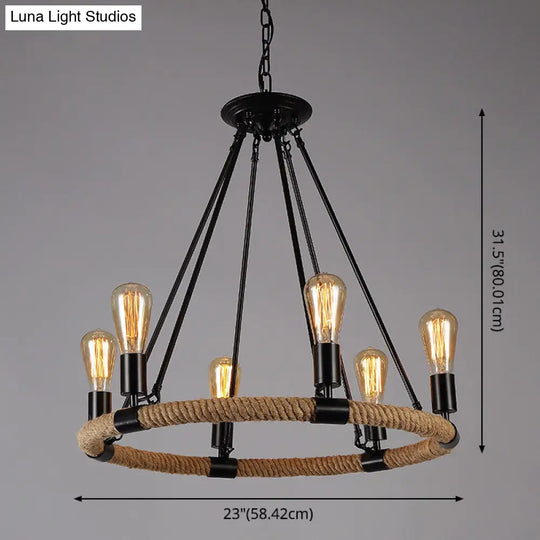 Retro Industrial Black Metal Iron Chandelier With Rope Suspensions - Perfect For Dining Room Table