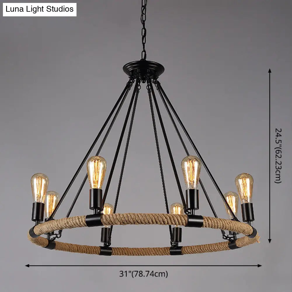 Retro Industrial Black Metal Iron Chandelier With Rope Suspensions - Perfect For Dining Room Table