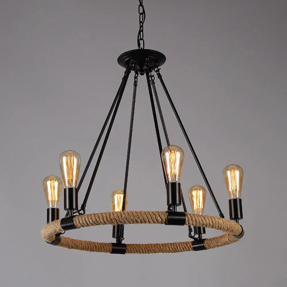 Industrial Black Metal Chandelier With Rope Suspension For Dining Room Table 6 /