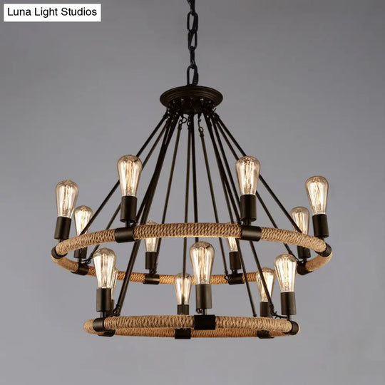 Retro Industrial Black Metal Iron Chandelier With Rope Suspensions - Perfect For Dining Room Table