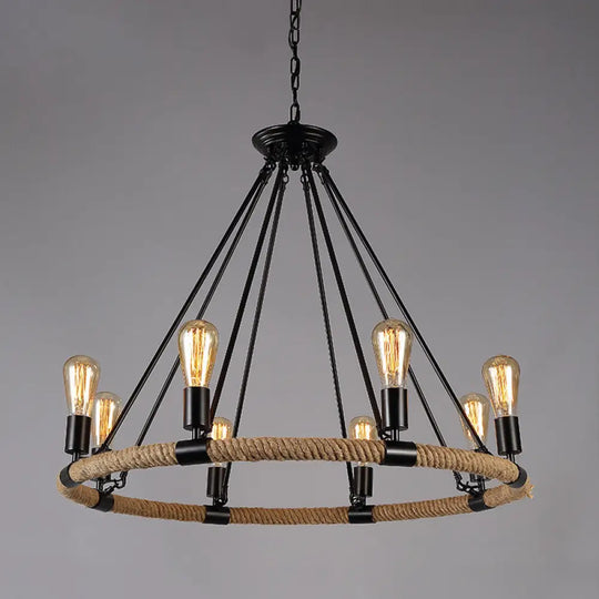 Industrial Black Metal Chandelier With Rope Suspension For Dining Room Table 8 /