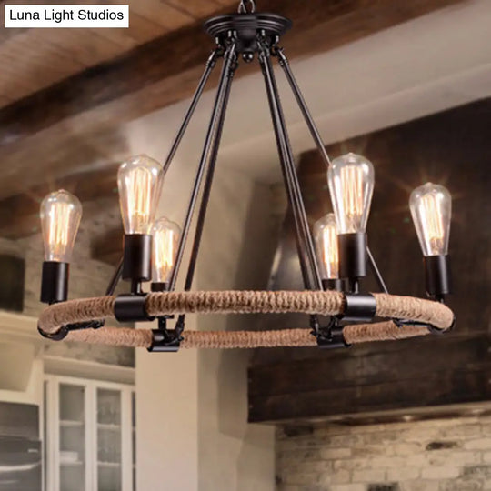 Industrial Black Metal Chandelier With Rope Suspension For Dining Room Table