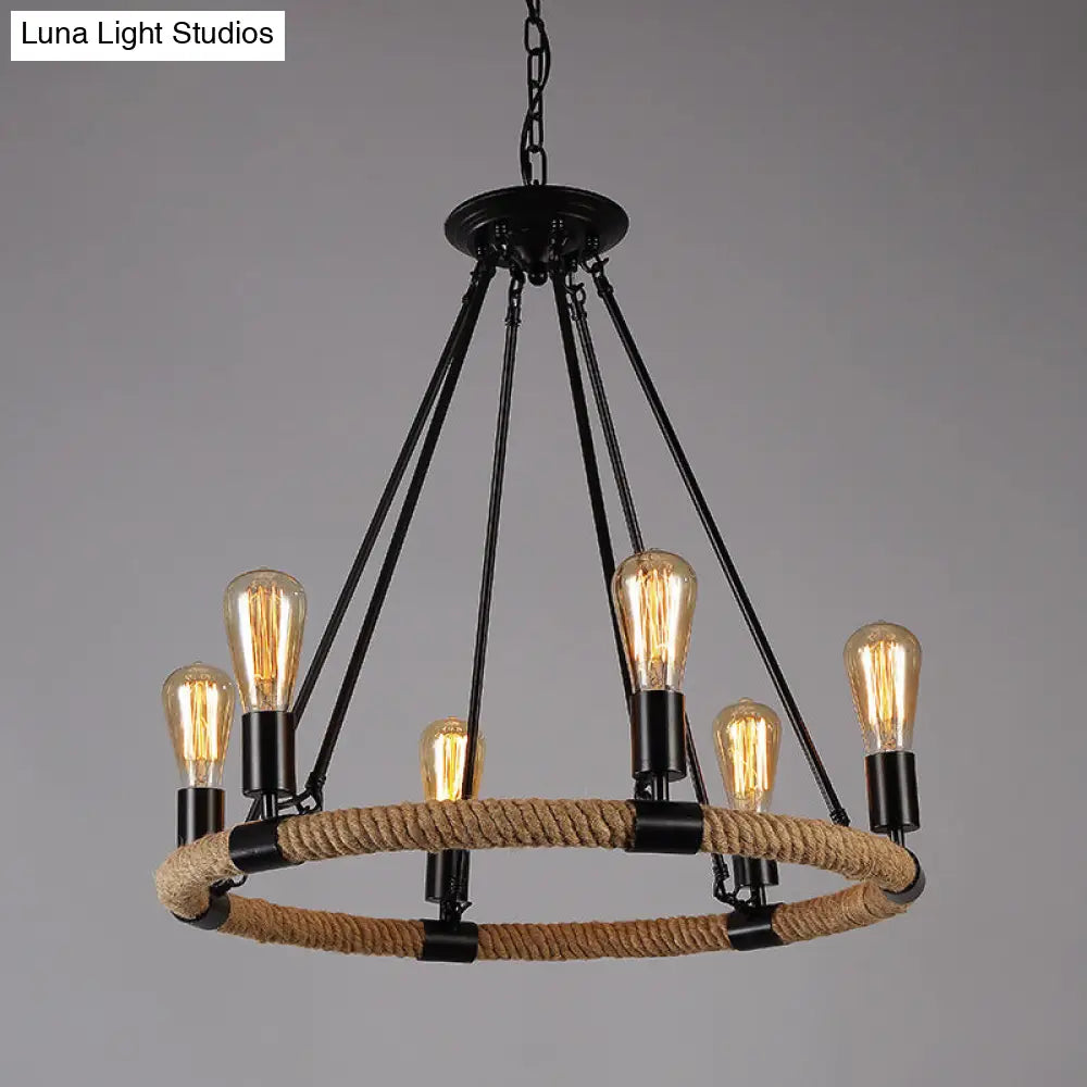 Retro Industrial Black Metal Iron Chandelier With Rope Suspensions - Perfect For Dining Room Table 6