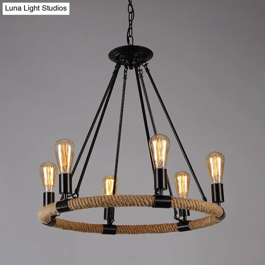 Retro Industrial Black Metal Iron Chandelier With Rope Suspensions - Perfect For Dining Room Table 6