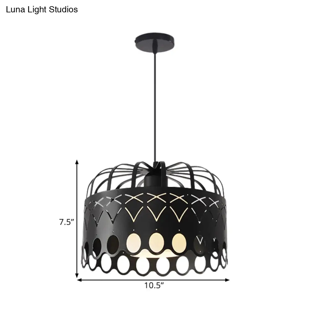 Industrial Black Metal Drum Hanging Light With Cage Shade - 1-Light Pendant For Dining Room