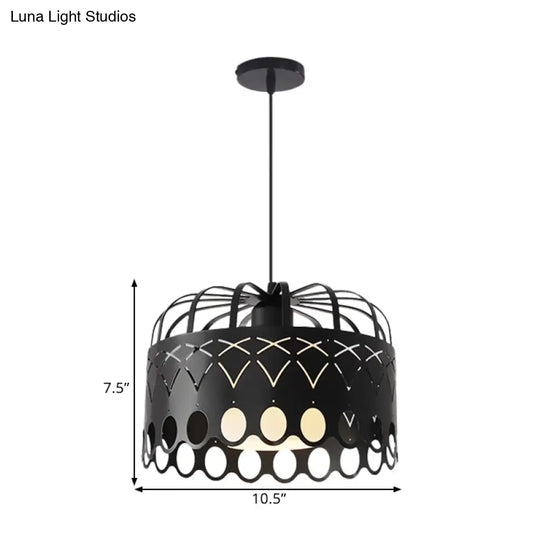 Industrial Black Metal Drum Hanging Light With Cage Shade - 1-Light Pendant For Dining Room