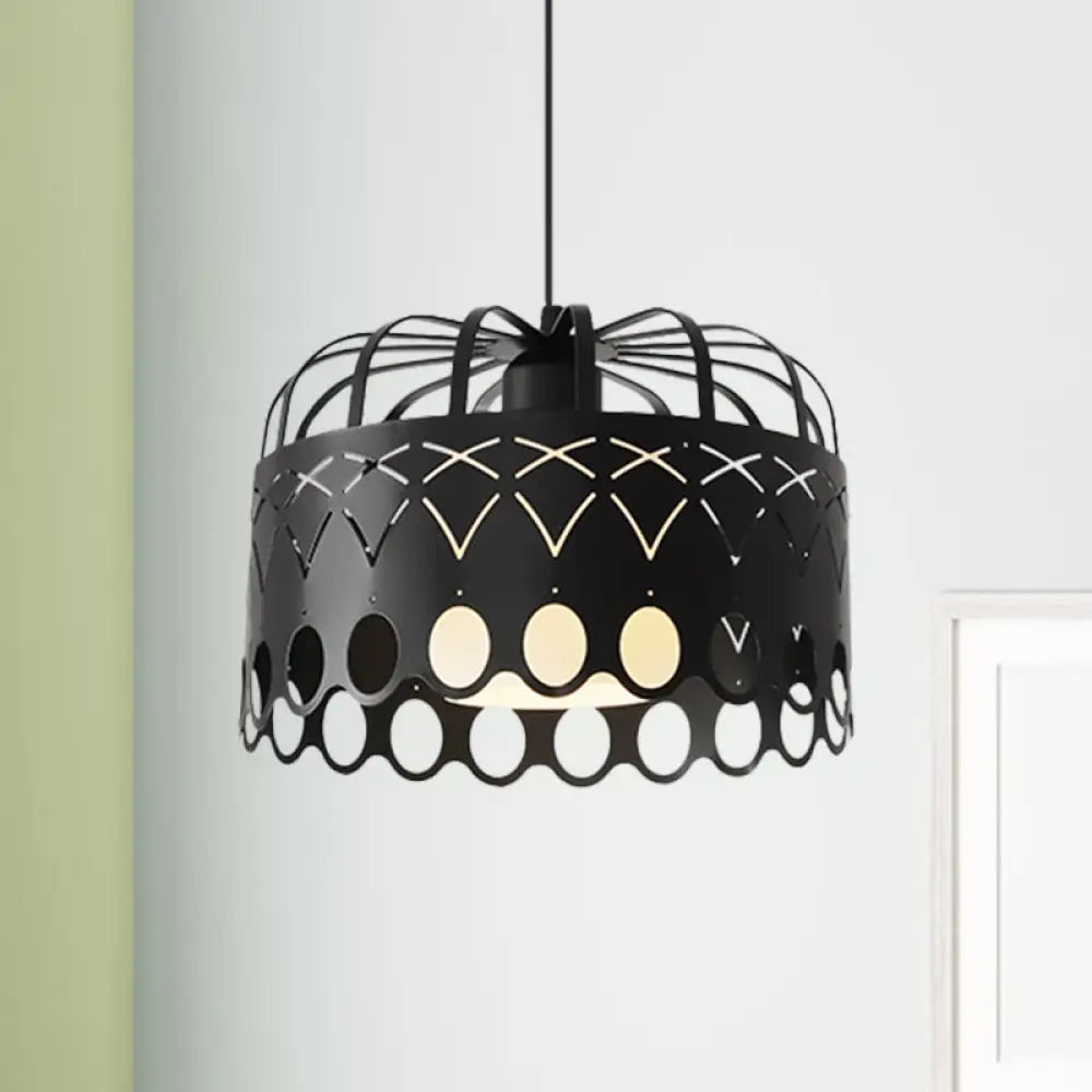 Industrial Black Metal Drum Hanging Light With Cage Shade - 1-Light Pendant For Dining Room