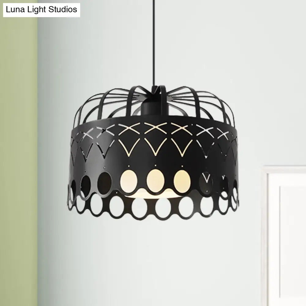 Industrial Metal Drum Pendant Light With Cage Shade For Dining Room Black