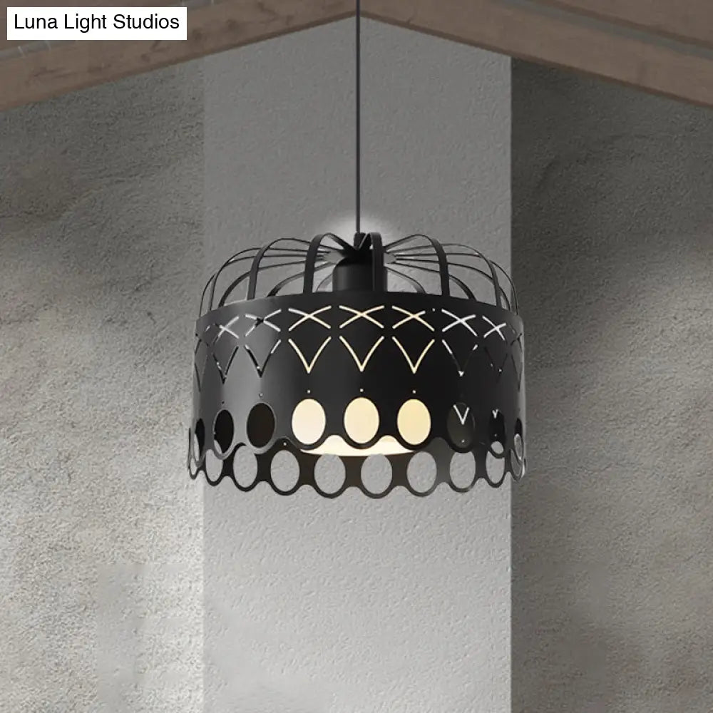 Industrial Black Metal Drum Hanging Light With Cage Shade - 1-Light Pendant For Dining Room