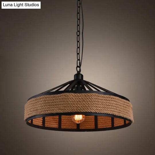 Industrial Metal Pendant Light - Drum Style With Rope Hanging Lamp In Black