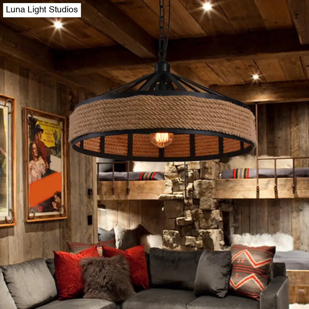 Industrial Metal Pendant Light - Drum Style With Rope Hanging Lamp In Black