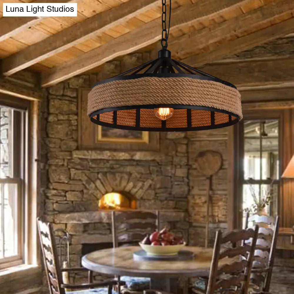 Industrial Metal Pendant Light - Drum Style With Rope Hanging Lamp In Black