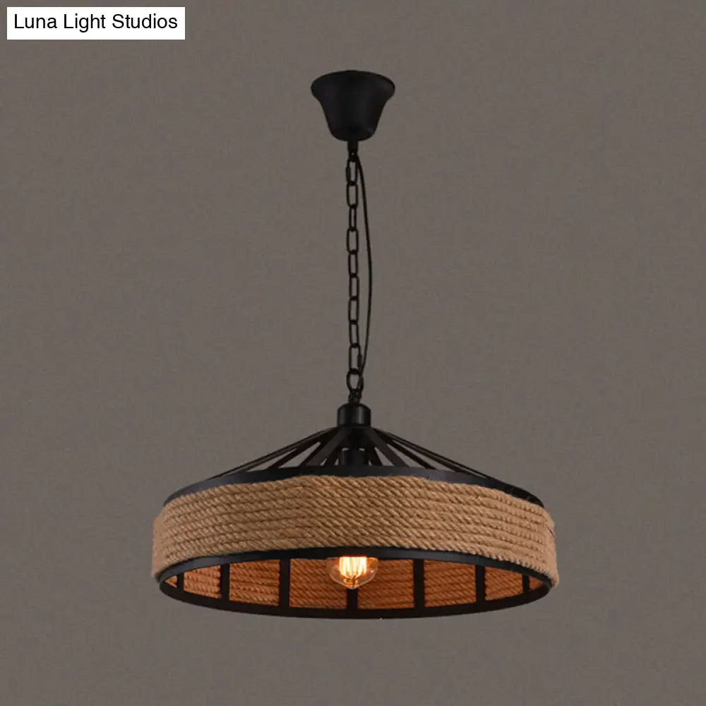 Industrial Metal Pendant Light - Drum Style With Rope Hanging Lamp In Black