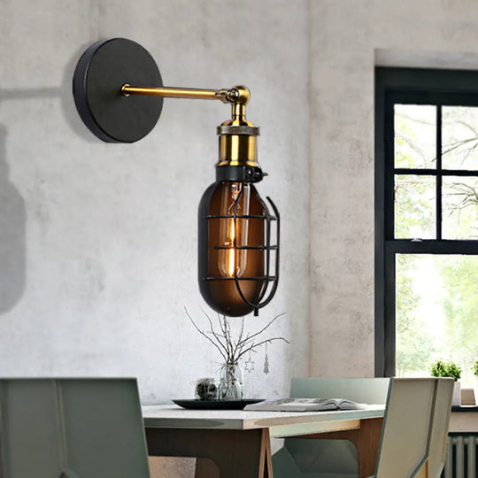 Industrial Black Metal & Glass Wall Sconce With Caged Bulb - Ideal For Dining Rooms