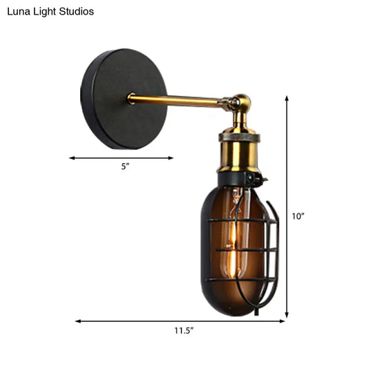 Industrial Black Metal & Glass Wall Sconce With Caged Bulb - Ideal For Dining Rooms